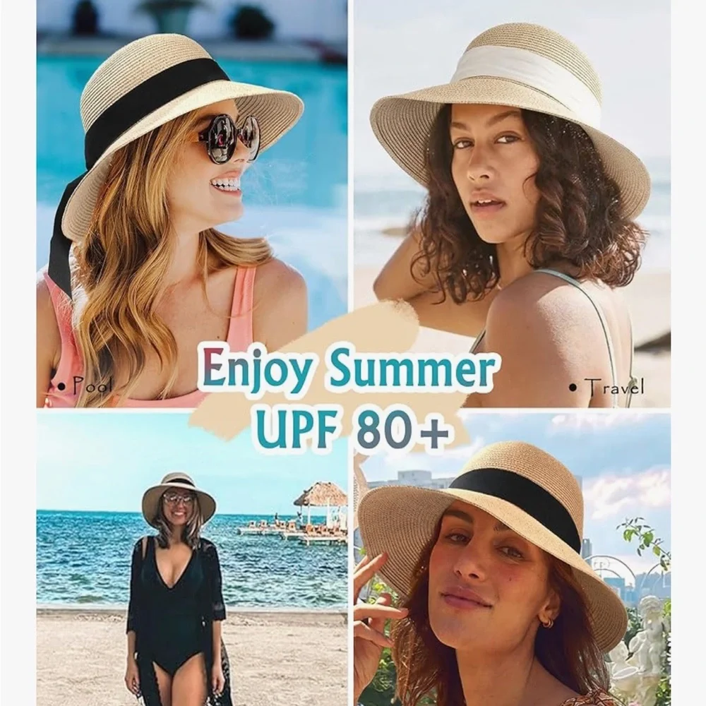 🕶️Packable L/XL 80spf adjustable tan straw Furtalk Sun Hat NWT - Picture 3 of 7